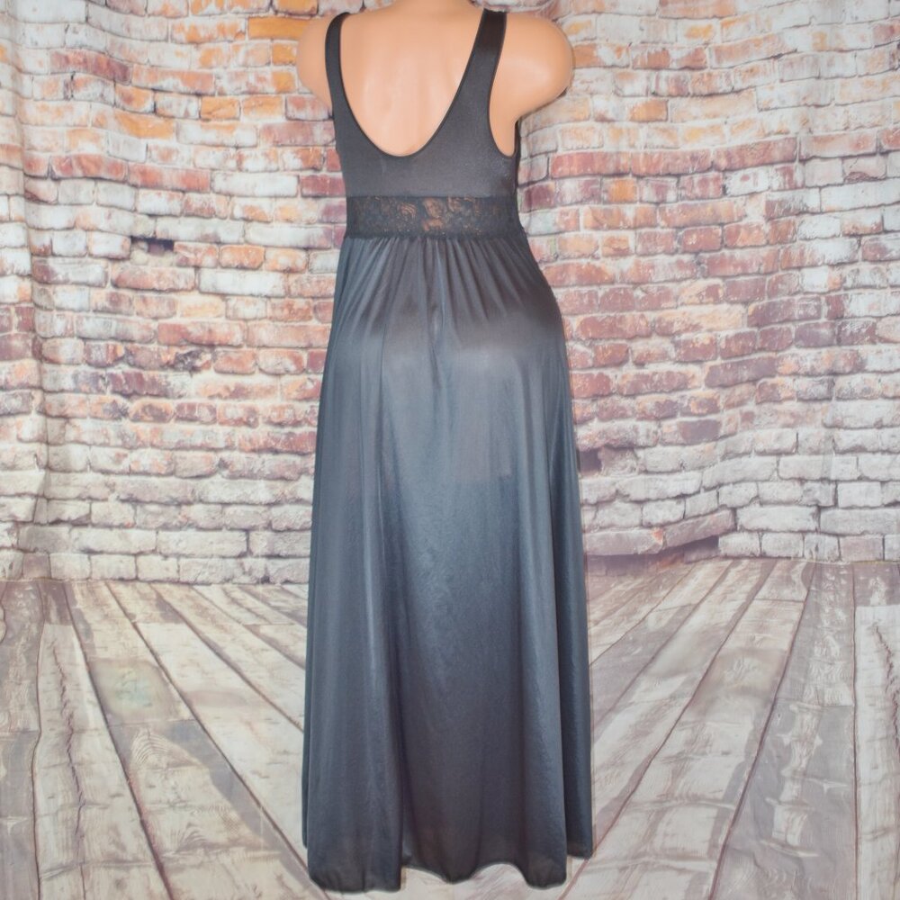 Shadowline Medium Black Full Sweep Silky Nylon Nightgown Olga esque W Lace Vtg - Picture 8 of 12